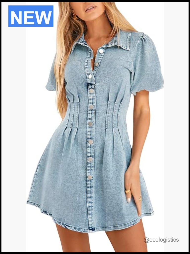 Puff Sleeve Slim Fit Denim Dress A-Line Mini Zip